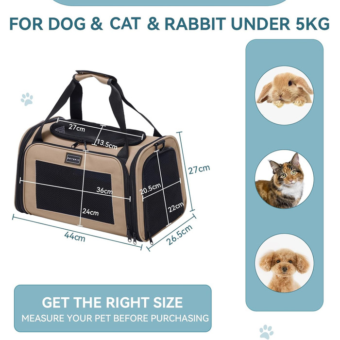 Транспортна переноска для котів та маленьких собак Petsfit, легка сумка-переноска для собак та котів, підходить для подорожей літаком, з захисним ременем та розкладною матрацом, S, Khaki