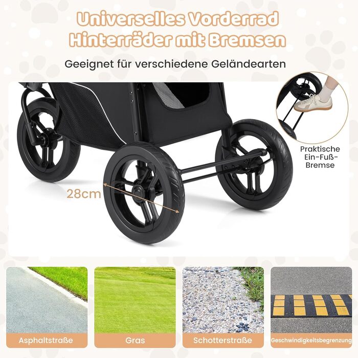 Візок для тварин Costway, розкладний, до 25 кг, для собак та котів, 3 колеса, регульоване сонцезахисне дах, сітчасте вікно, кошик та подушка, чорний