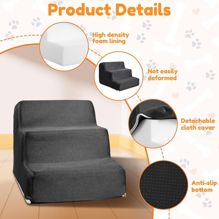 Сходинки для тварин BAODBF: 3 сходинки, 30 см, для собак та котів, миються, неслизькі, сірого кольору