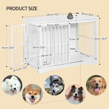 Клітка для собак Hzuaneri, 110 см, з 2 дверцятами, сучасний дизайн, для собак маленьких, середніх та великих (до 100 кг), білий колір, DFC84413W