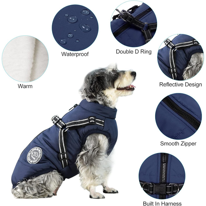 Зимова жилетка для собак - тепла жилетка для собак, курка для собак, одяг для домашніх тварин, для катання на лижах, без рукавів, з підкладкою, з нагрудником, темно-синій, розмір S