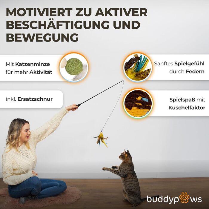 BuddyPaws® Паличка-пір'їна для котів Stabil – Інтерактивна іграшка з 4 пір'ями та котячою м'ятою, висувна 42-104 см, гнучка, з запасним шнуром, аксесуари для котів