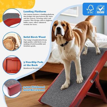 Рампа для собак Hunderampe - регульована, 34-61,5 см, з покриттям, що миється, з берези. Складана, антиковзка, для маленьких та великих собак (XL)