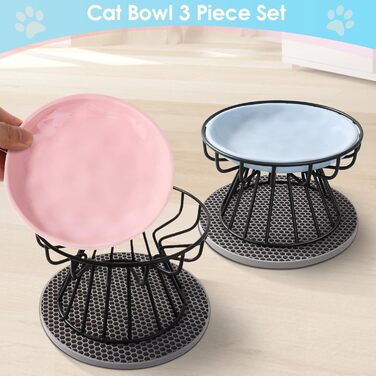 Набір мисок для котів (2 шт.) з підставкою, керамічні миски для корму та води, силіконовий килимок, блакитний + рожевий
