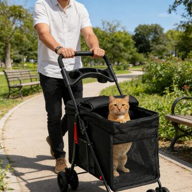 Візок для собак Homewell, візок-каляска для котів/маленьких собак, візок-каляска для дітей, прогулянковий візок для тварин з 2 вікнами на блискавці, тримач для напоїв, до 20 кг (Чорний)