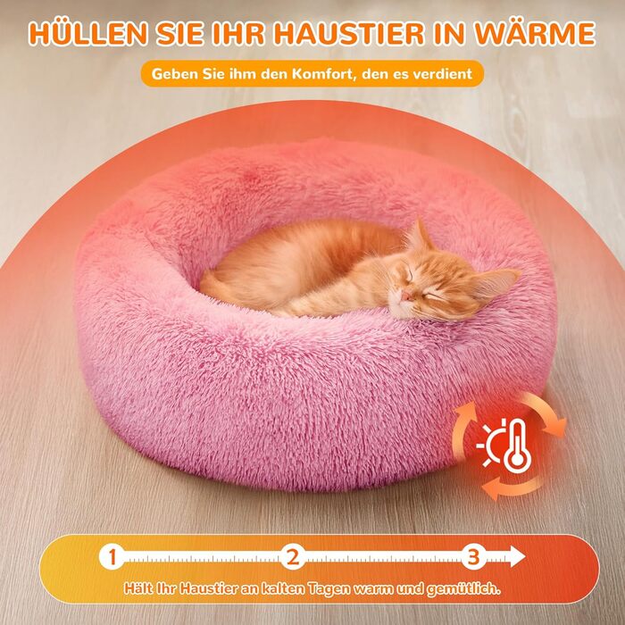 ALLSOPETS заспокійливе ліжко для собак і котів, плюшевий круглий лежак 70 см, нековзке дно, для малих і середніх порід, рожевий, пране