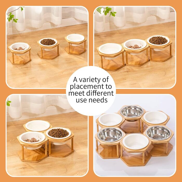 Набір з 3 керамічних мисок для котів на підставці з бамбука, підняті миски для котів, антиковзні ніжки, годівниця для котів, миски для котів (кераміка)