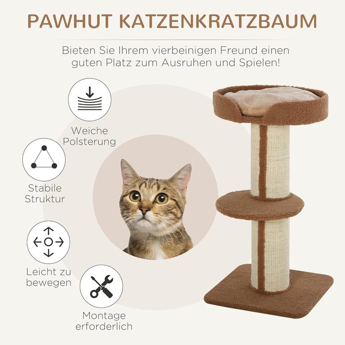 Когтеточка для котів PawHut 91 см, з лежаком і ігровою платформою, для котів до 5 кг, сизаль і штучна овчина, світло-коричнева
