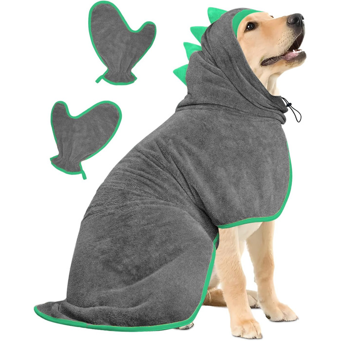 Рушник для собак з мікрофібри, халат для собак, швидковисихаючий, з регульованим коміром на липучці, для великих, середніх та маленьких собак/котів (Сірий зелений, M)