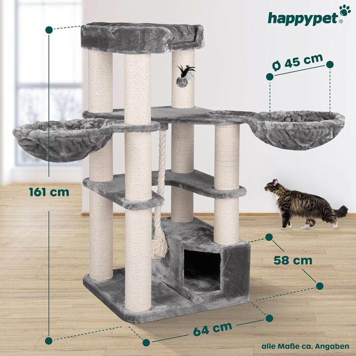 Дерево для котів HAPPYPET Oscar 161 см, стійке, для великих і важких котів (Мейн-кун), товсті стовпи 12 см, преміум-плюш 600 г, міцна конструкція, сіре