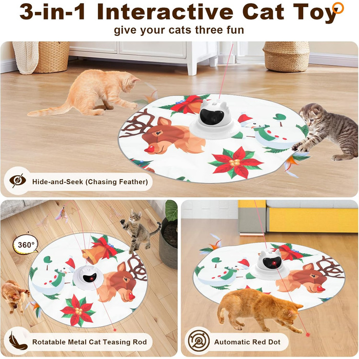 Інтерактивна іграшка для котів 3-в-1 Spessn: хованки, пір'я, лазерний вказівник. Перезаряджувана, для котів будь-якого віку. Біло-червоний дизайн (новорічний стиль)