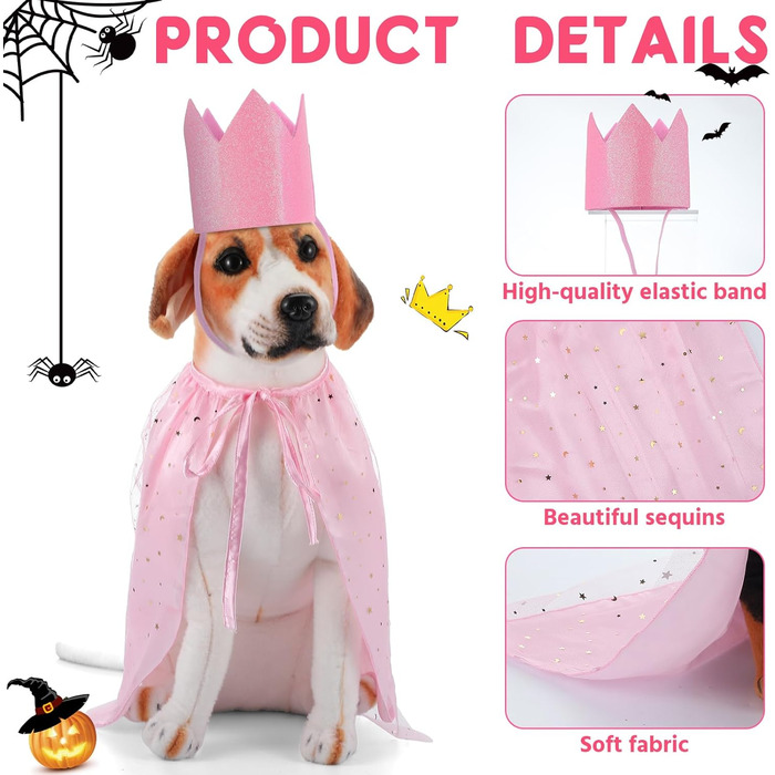 Костюм відьми на Хелловін для котів та собак, комплект з 4 частин: шапка, накидка, корона та аксесуари