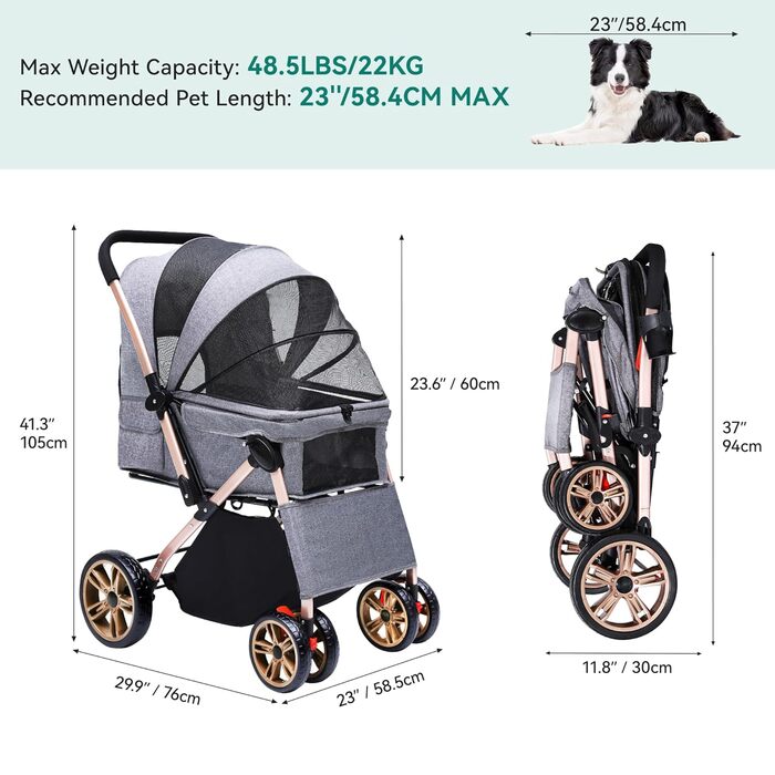 Візок для собак та котів YITAHOME, складаний, до 22 кг, сірий