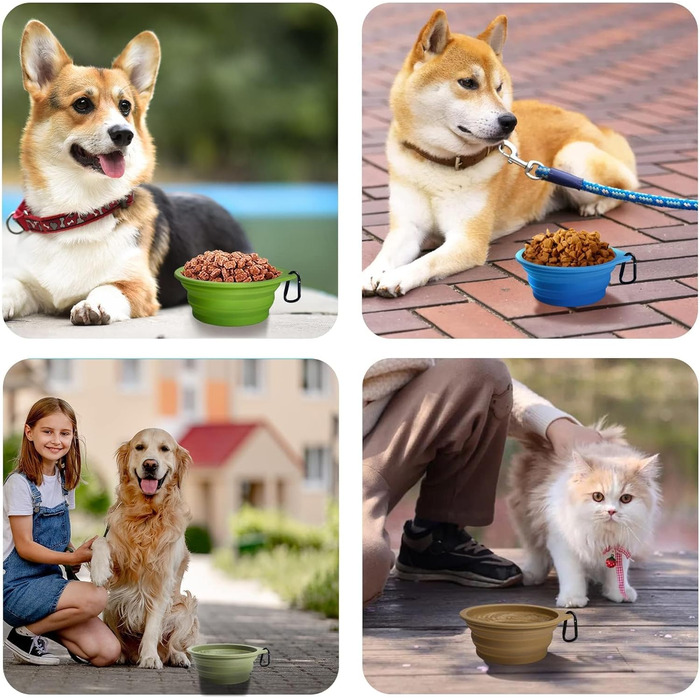 Складні миски для собак PetBonus, 2 шт. Силіконові дорожні миски для води та їжі для собак та котів, з карабіном (Сірий, Кремово-рожевий), 1000 мл