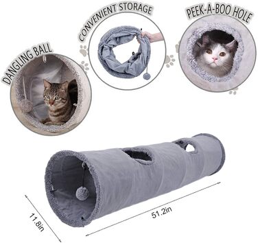 Туннель для котів Wooluck, великий складний тунель-іграшка з кулькою та шурхотливим матеріалом, 2 печери, 130*30 см