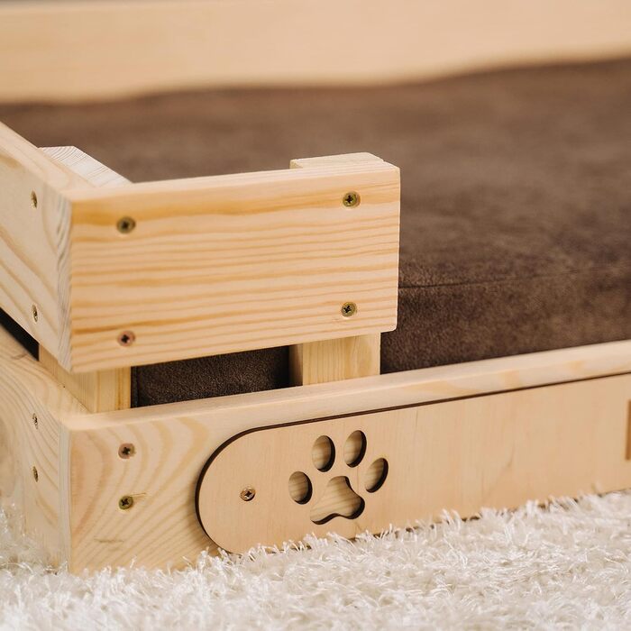 Персоналізоване ліжко для котів LAUBLUST з іменем - гравіювання лапок та імені - котяче ліжко/софа для великих та маленьких котів | Ліжко-лежанка з дерева з подушкою | приблизно 60x40x15см, коричневе з коричневою подушкою