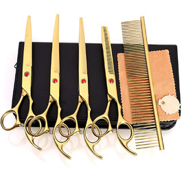 Набір професійних ножиць для грумінгу собак 5 в 1, 7 дюймів, нержавіюча сталь, включає прямі, фінішні та зігнуті ножиці, гребінець