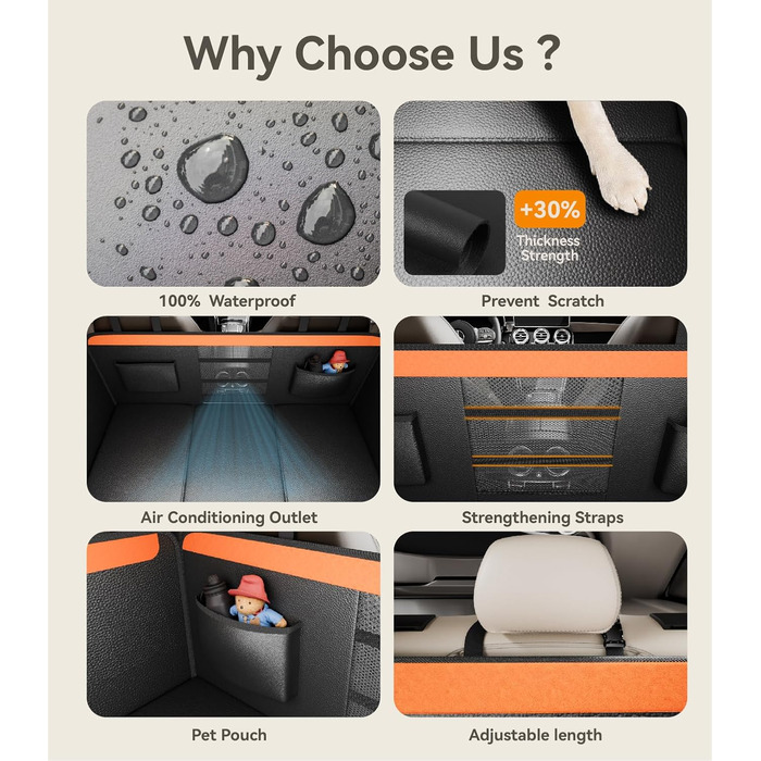 Подовжувач для заднього сидіння автомобіля для собак, преміум PU-шкіра, захисний чохол для сидіння з жорсткою основою, витримує 180 кг, водовідштовхувальний, універсальний, оранжево-чорний