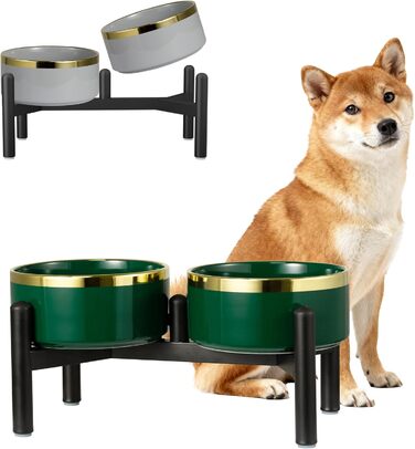 Миска для собак Keraik піднята на підставці з нержавіючої сталі - подвійна миска для корму та води для собак маленьких та середніх порід - неслизький набір мисок для собак - 350г / 660л - 15c - (M, Зелений)