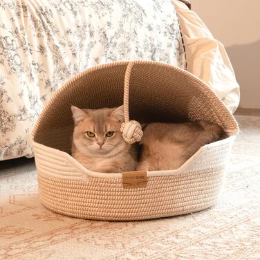 Кошик для котів CheerPals з подушкою, 47 см, бежевий. Плетений з бавовняних мотузок, миється, для сну котів, універсальний, для всіх сезонів