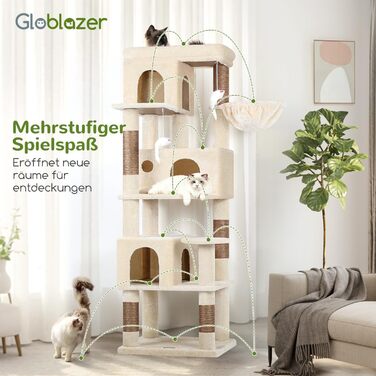 Дерев'яний комплекс для котів Globlazer з 3 будиночками, 5 сизалевими стовпчиками, платформою та іграшками, 168 см, бежевий