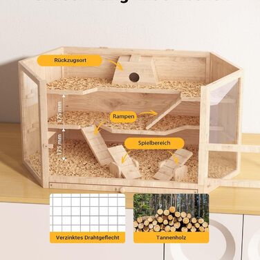 Клітка для тварин Wiltec 3-ярусна, 600x400x800 мм, дерев'яна, з відкидним дахом та оглядовим вікном, для мишей, хом'яків (116x60x59 см)