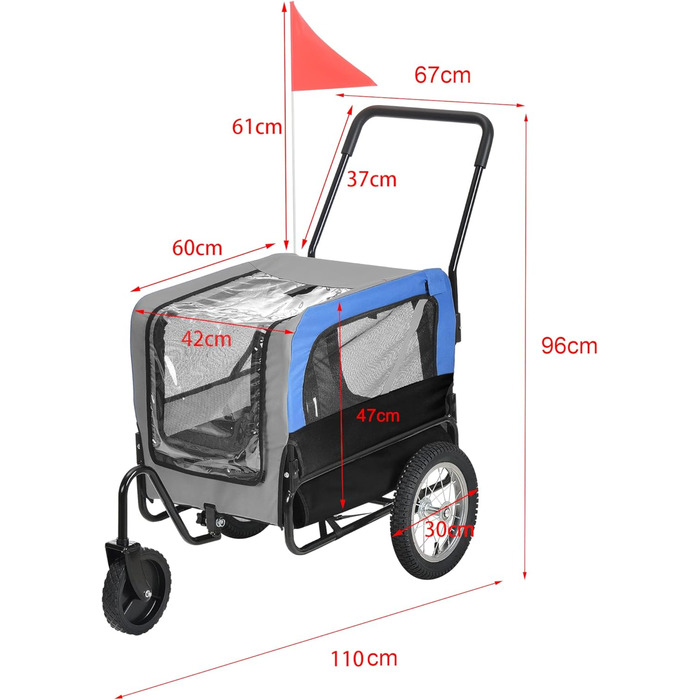 Причіп для велосипеда 2 в 1, прогулянковий, для собак до 20 кг, водонепроникний, з захистом від вітру та дощу, блакитний