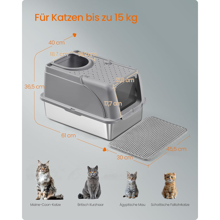 Сталевий лоток для котів Feandrea XL з кришкою, для великих котів до 15 кг, колір: голубино-сірий
