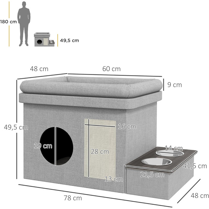 Павук Хатинка для котів PawHut з мисками, лежанка з подушкою, дряпка, будиночок для котів та собак до 8 кг, сірий, 78 x 48 x 49,5 см