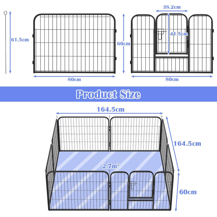 Клітка для цуценят Yakimz 8-частинна, вигульна клітка для цуценят висотою 60 см з дверцятами та захисним тентом, гнучка та складана клітка для собак, загородження для цуценят, собак, кроликів та інших дрібних тварин, 8 шт. - 80x60 см