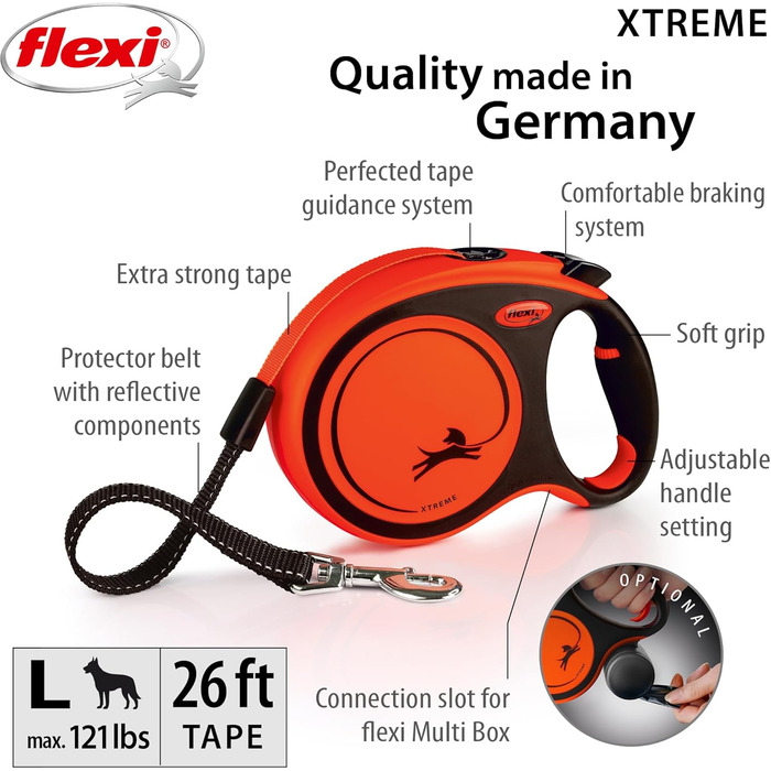 Рулетка для собак Flexi Xtreme L - міцна, 7.9 м, посилене гумове обплетення, світловідбиваючі елементи, регульована ручка, оранжево-чорний, Large