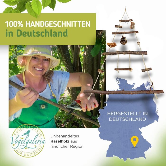Ігровий майданчик для птахів Vogelgaleria® з натурального дерева | Гойдалка для хвилястих попугаїв | Іграшка для маленьких папуг | Іграшка для корелл | Підвісний ігровий майданчик для хвилястих попугаїв