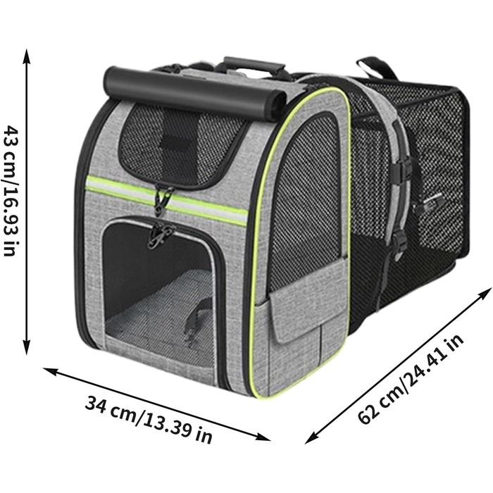 Рюкзак для котів | Переноска для собак, рюкзак для домашніх тварин, розширюваний, дихаючий, складаний, для подорожей, піших прогулянок, транспортування, сірий з зеленими вставками