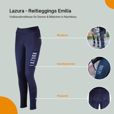 Лазура - Ріддінг (спортивні) штани для жінок та дівчаток Emilia | Повний силіконовий наповнювач | Ріддінг з 2 кишенями для телефону | 5 кольорів | Розміри 116-176 та 34-46 (116, Нічний блакитний)