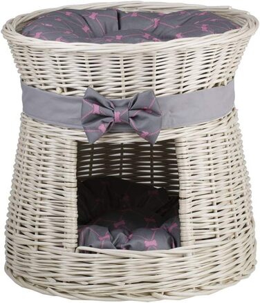 Кругла котяча хатинка e-wicker24 з плетіння, двоярусна, з подушкою та бантиком, котячий будиночок (кремово-сірий)