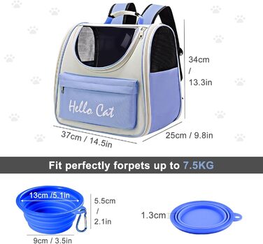 Рюкзак для тварин Surmounty з сітчастим вікном, складний, для котів та собак, з мискою для їжі та води, водонепроникний, до 15 кг (Блакитний)