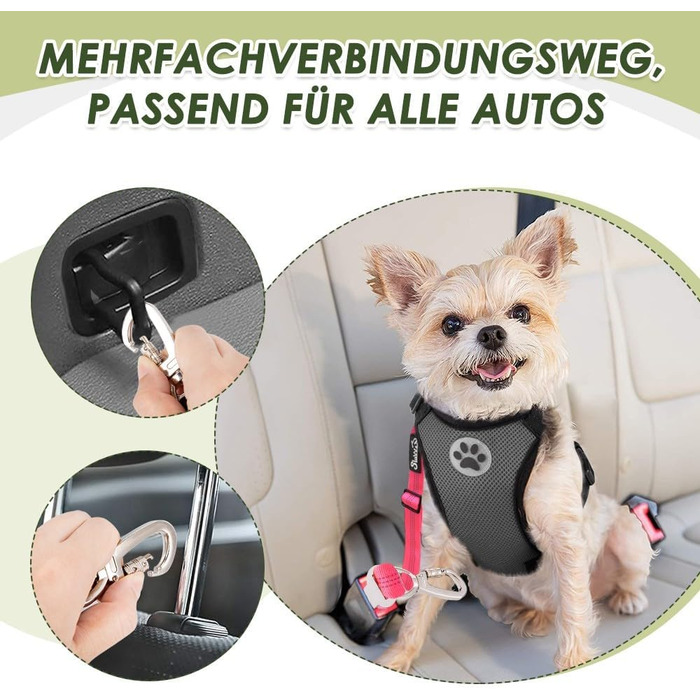 Ремінь безпеки для собак SlowTon, 2 шт. - Автомобільний поводок з регулюванням, еластичний амортизатор, міцний нейлон, світловідбиваючий ремінь безпеки для тварин (флуоресцентний рожевий)