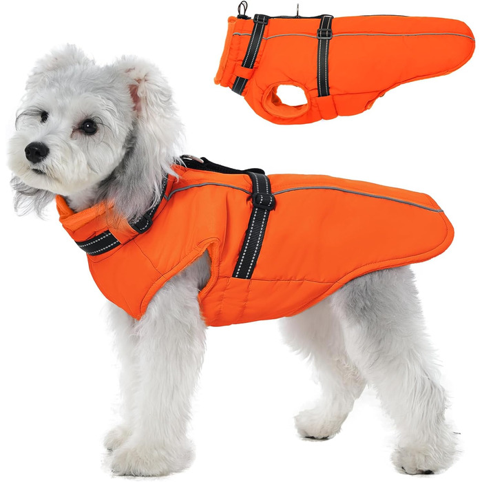 Теплий зимовий одяг для собак Lelepet: куртка з інтегрованим шлейкою, вітронепроникна, з флісовою підкладкою, світловідбиваюча, 2XL (Small, Orange)