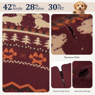 Теплий в'язаний светр для собак Fair Isle з отвором для шлейки, бордовий, розмір 2XL