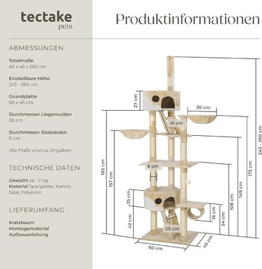 Котячий дряпак tectake XXL, регульований, 243-260 см, з лежаком, сходами, тунелем, домиком і сизалевою стовпчиком, бежево-білий