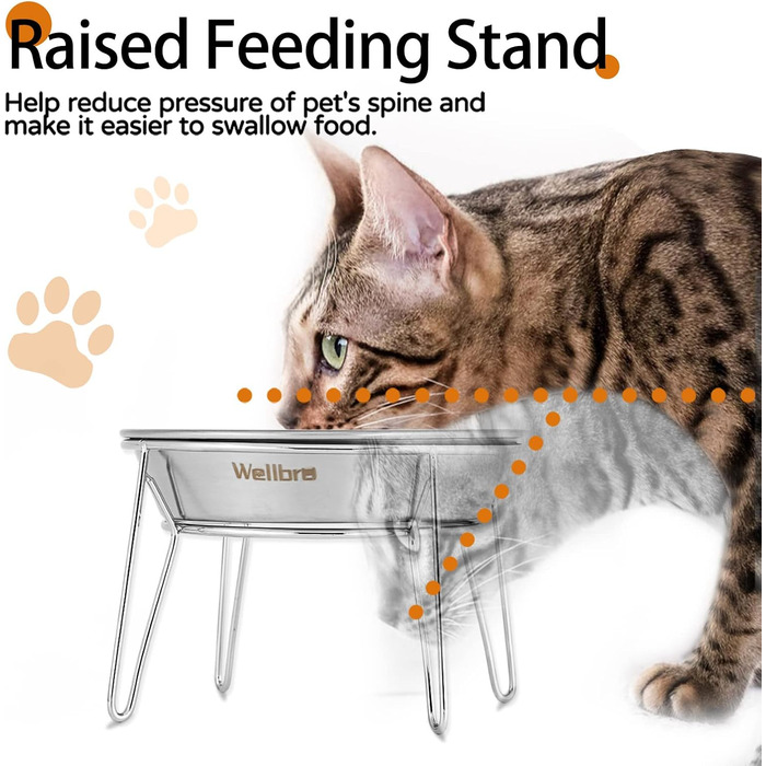 Підвищені миски для котів Wellbro з нержавіючої сталі, з металевим підставкою, для безстресового годування, 2 шт.
