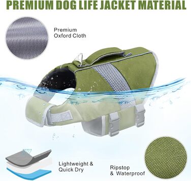 Рятувальний жилет для собак з високою плавучістю, світловідбиваючий, для плавання, катання на човні, серфінгу, каякінгу. Підходить для собак маленьких, середніх та великих порід. Зелений колір.