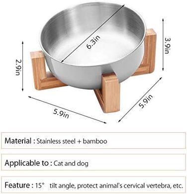 Миска для кормів домашніх тварин La La Pet, годівниця для собак та котів, нержавіюча сталь, бамбук, одинарна миска (срібна)