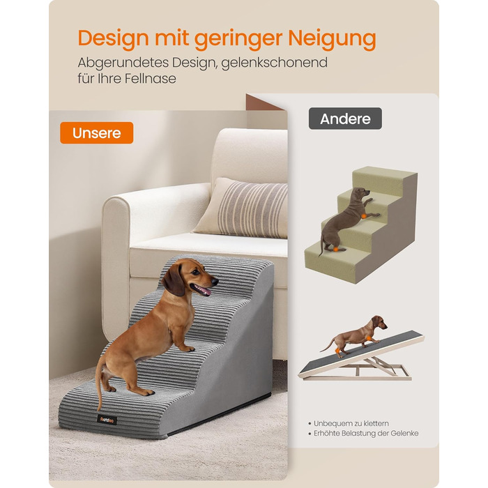 Сходинки для собак Feandrea, 4 сходинки, для маленьких собак, котів, водонепроникні, неслизькі, знімний чохол, сірий PPS004G01