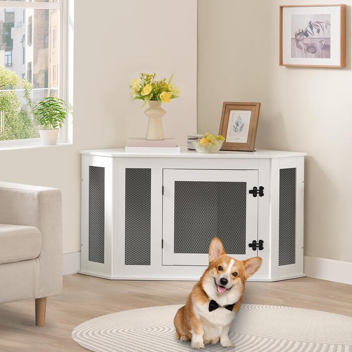 Клітка для собак Eck, переносна будка для домашніх тварин, для дому, 113 x 60 x 60 см, клітка для собак маленьких та середніх порід, багатофункціональна, вінтажний стиль, знебарвлений білий колір ADCWT0801