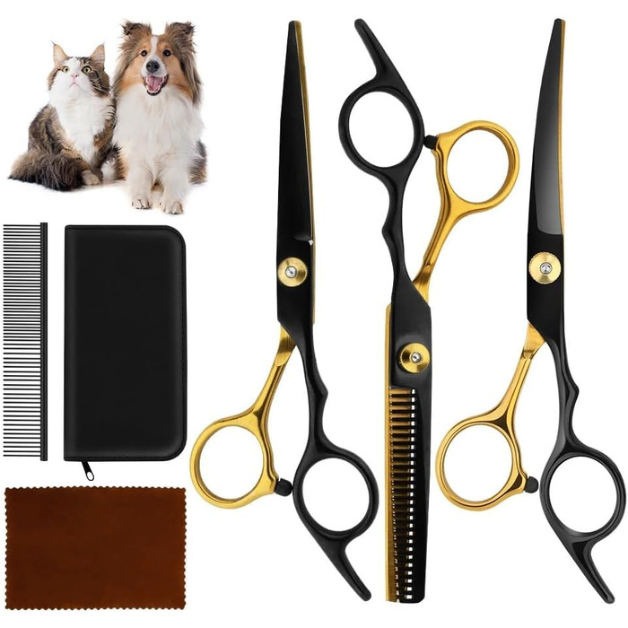 Набір професійних ножиць для собак 3 в 1 - Violett. Ножиці для грумінгу собак, котів та інших тварин. Прямі, зубчасті та вигнуті ножиці.