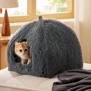 Ліжко для котів BEDSURE велике, 40x40x40 см, сіре, з подушкою та іграшкою, миється