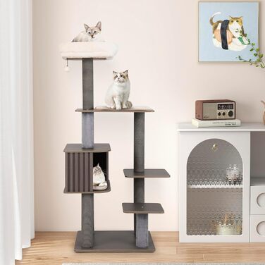 Дерев'яний кігтеточки для котів COSTWAY 151 см з платформами, печерею, кігтеточками та іграшками, сірий