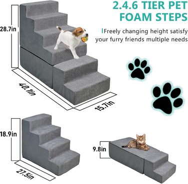 Сходинки для собак до ліжка, 73.7 см, 6 сходинок, сірі. Підходять для ліжок/диванів висотою 63.5–76.2 см. Безпечні та стійкі для маленьких та великих собак/кішок