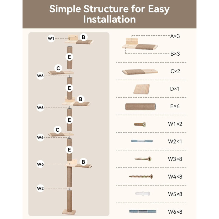 Кігтеточка PawGiant з 5 ярусів, кріпиться до стіни, 213 см, з сизалю, платформами, для котів середніх розмірів